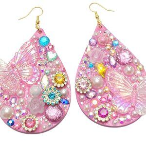 Unique Handmade Junk Earrings – Pink Abstract Wood Dangles, OOAK